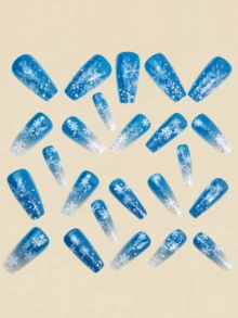 Christmas Nails ,Press On Nails, Snowflakes Gradually Blend The Nails, Fake Nails, Y2k Nails, Long Nails, 24 Pieces Of Nails, Fall Press On Nails, Blue Nails