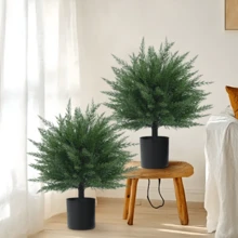 1/2 Pack Artificial Plants For Outdoor,  Artificial Cedar Topiary Tree With Ground Spike, UV Resistant Potted Fake Plants With Cement Planter, Faux Cedar Shrubs Evergreen Plants For Indoor Outdoor Front Porch Garden Backyard Decor - 墨綠色 - 查看 13