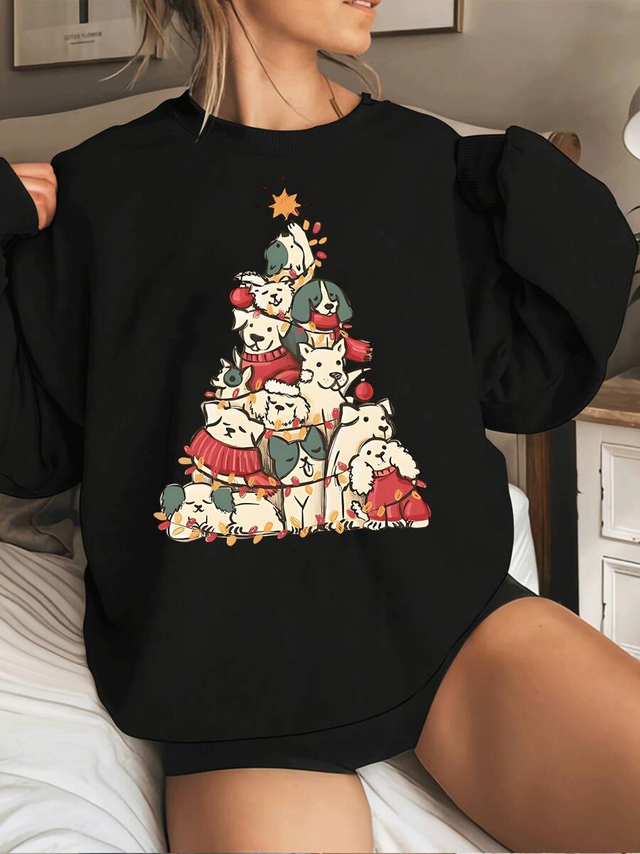 Sudadera con cuello redondo y estampado de perro y árbol de Navidad para mujer, adorable, navideña, con estampado de animales festivos, manga larga, suave y cálida, para invierno - Negro - Ver 1