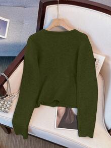 1pc Solid Color Button Front Women Cardigans, Round Neck Casual Grey Cardigan, Versatile Loose Fit Sweater Cardigan With Metal Buttons, Long Sleeve Knit Sweater Cardigan