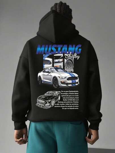 #Motocore Mustang Racing Graphic Print Hoodie för män, dragsko och fickor