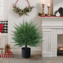 1/2 Pack Artificial Plants For Outdoor,  Artificial Cedar Topiary Tree With Ground Spike, UV Resistant Potted Fake Plants With Cement Planter, Faux Cedar Shrubs Evergreen Plants For Indoor Outdoor Front Porch Garden Backyard Decor - 墨綠色 - 查看 10