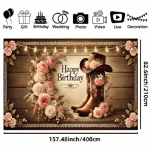 1 pieza Pancarta de fondo con botas de vaquero estilo occidental, hecha de poliéster, sombrero de vaquero floral, grano de madera vintage, flores rosas y blancas con follaje verde, texto de feliz cumpleaños, decoración para fiesta de boda campestre, telón de fondo para fotografía, decoración para eventos interiores y exteriores, accesorios para photocall, reutilizable, lavable, durable - Multicolor - Ver 8