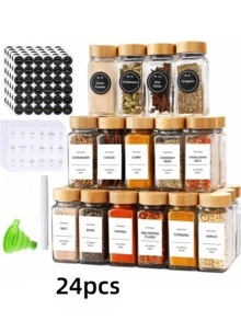 Bộ 24/12/6 hũ thủy tinh vuông, thích hợp đựng gia vị nướng, muối tiêu, gia vị rắc, bao gồm nắp gỗ, nhãn và cọ rửa, dụng cụ sắp xếp nhà bếp (Kiểu phụ kiện ngẫu nhiên) - Nhiều màu - Xem 12