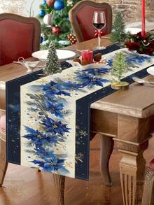 1pc Elegant Navy Blue & Burgundy Snowflake Winter Table Runner - High-Quality Polyester Holiday Decor With Golden Floral Patterns, Easy-Clean Rectangular Tablecloth For Christmas, Winter Parties, Home & Restaurant Dining, Festive Table Setting | Elegant Table Accessory | Texture, Christmas Table Decorations - Multicolor - View 4