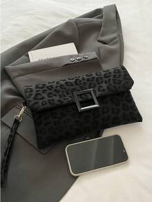 女士手拿包，时尚豹纹小方包，翻盖手提包 - 黑色 - 查看 3