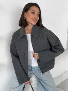 Stylish Women's Grey Overcoat With Collar And Long Drop Shoulder Sleeves Regular Length Zipper Front And Pockets - Dark Grey - View 1
