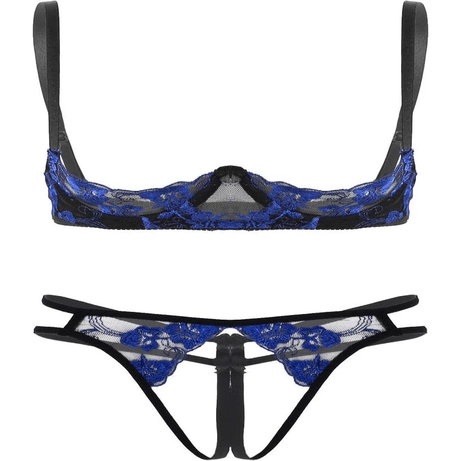 TSSOE Women'S Sexy Embroidery Lace Lingerie Set Push Up Shelf Bra Low Rise G-String Panties Underwear - ColorB - 查看 1