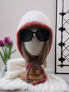 1pc Plush Ear Warming Hat For Women, Winter Warm Versatile Minimalist Japanese Sweet Cute Knitted Beanie Winter Christmas Beanie Hat