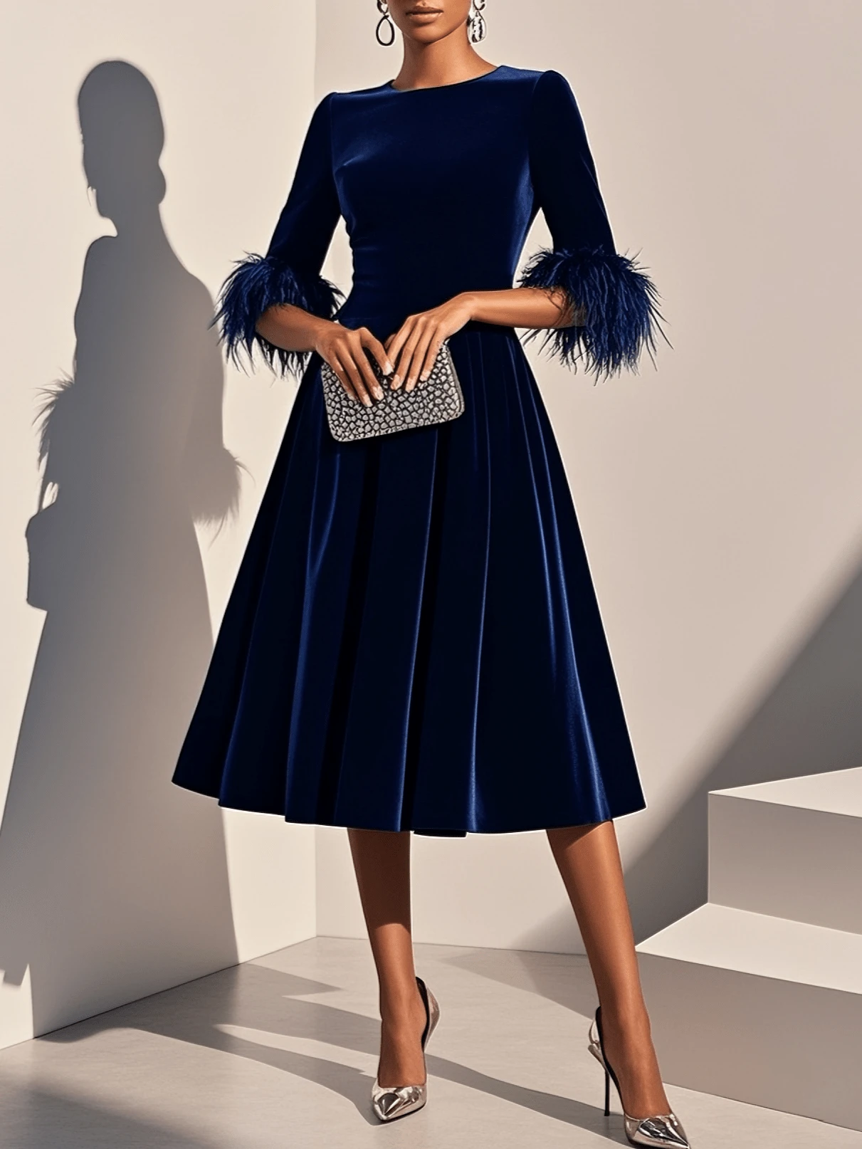 Magic Mia Navy Velvet Midi Dress,Feather Cuff Sleeve A-Line Skirt,Elegant Formal Gown For Wedding Guest,Party & Holiday Special Occasions - 藍色 - 查看 1