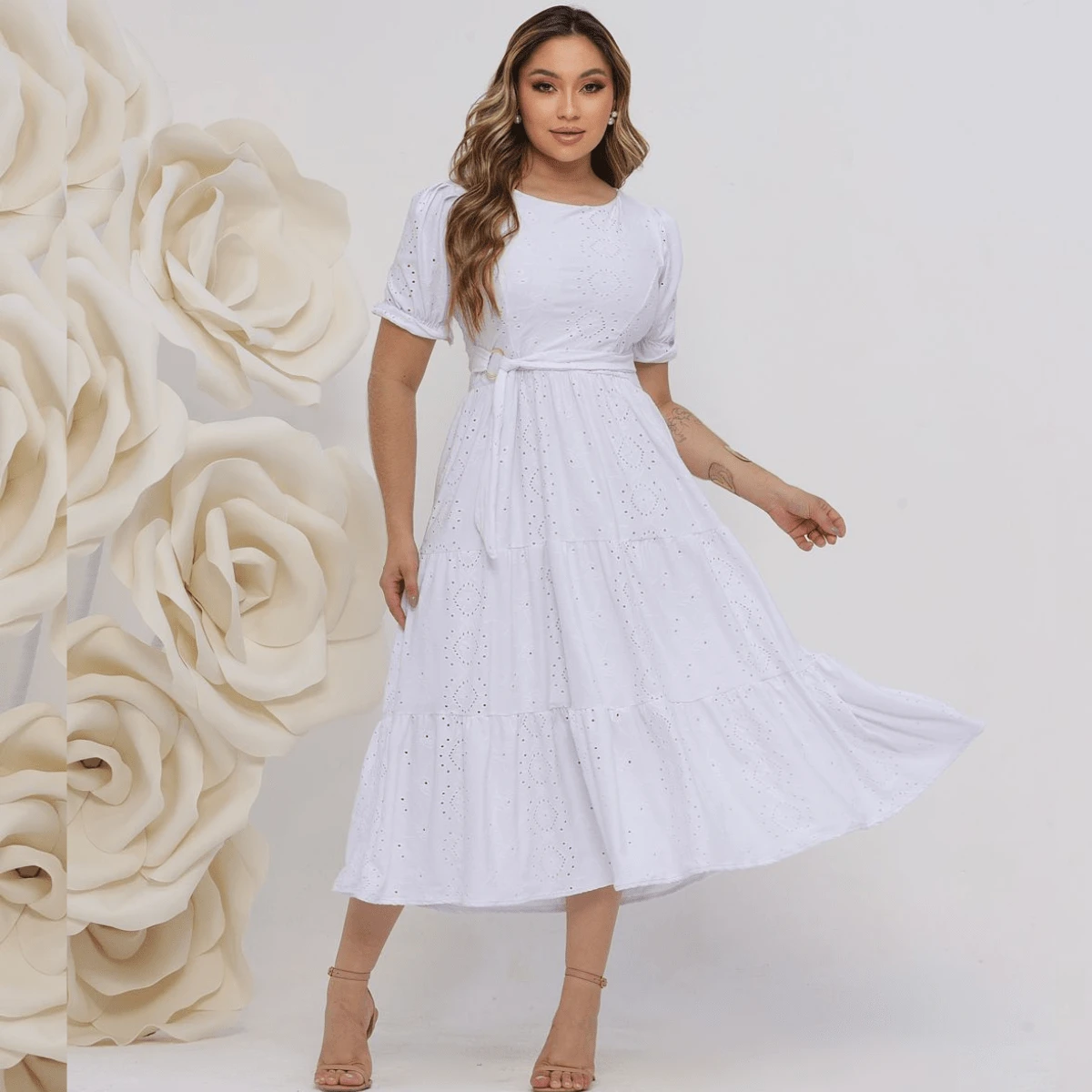 Women's Midi Dress Três Marias Laise Mesh Wedding Evening Formal And Night Elegant And Casual - 白色 - 查看 1
