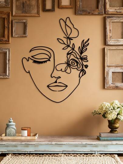 1 pieza Arte de pared abstracto de rostro de mujer con líneas, arte de pared moderno de metal negro con líneas de rostro de flor para decoración del hogar, dormitorio, comedor, baño, sala de estar, disponible en 3 tamaños