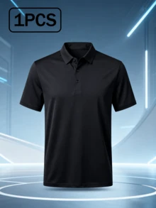 Men's Casual Solid Color Short Sleeve Polo Shirt, Versatile,Sports&Outdoor-Tennis&Golf - Black - View 2