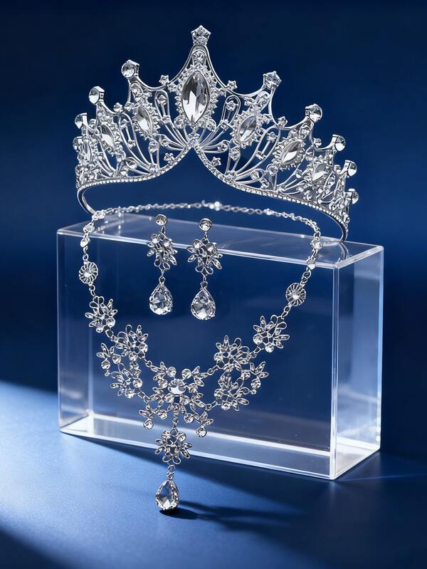 3 Stücke elegantes Silberschmuckset - Krone, Halskette und Ohrringe verziert mit funkelnden Kristallen, ideal für formelle Galas und Hochzeitsfeiern