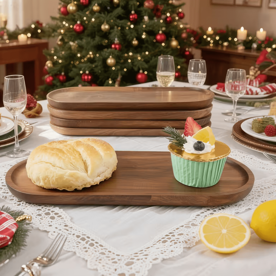 Premium Oval Acacia Wood Tray - Natural Wood Construction, Perfect For Kitchen, Dining Table, Cheese, Cake, Pastry, Cookies, Snacks, Wooden Serving Platter, Appetizer Plate, Catering, Kitchen Accessories, Home Decor