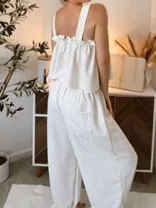 Women Y2k 2 Piece Lounge Outfit Dots Print Sleeveless Square Neck Tie Front Babydoll Peplum Tank Tops With Elastic Waist Wide Leg Ruffle Hem Pants Matching Sleepwear Loungewear Set - trắng - Xem 3