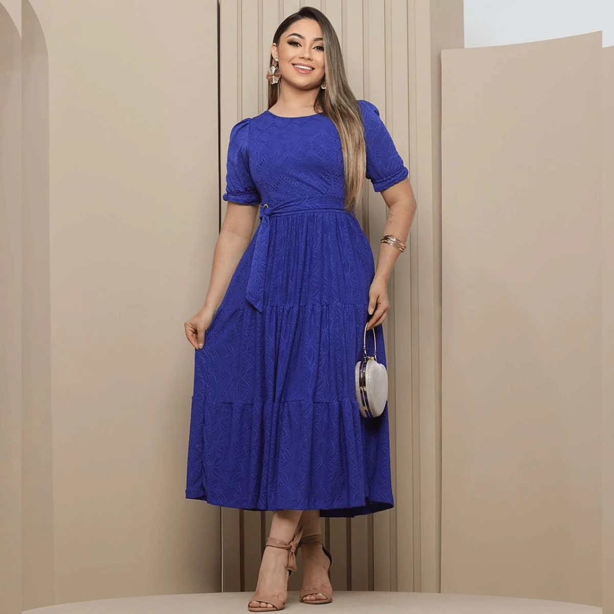 Women's Midi Dress Três Marias Laise Mesh Wedding Evening Formal And Night Elegant And Casual - 寶藍色 - 查看 1