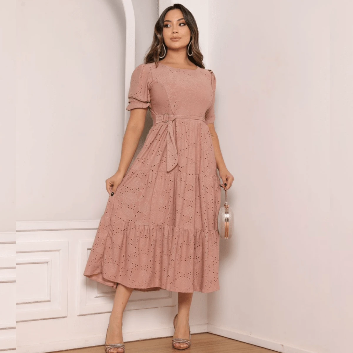 Women's Midi Dress Três Marias Laise Mesh Wedding Evening Formal And Night Elegant And Casual - 乾枯玫瑰色 - 查看 1
