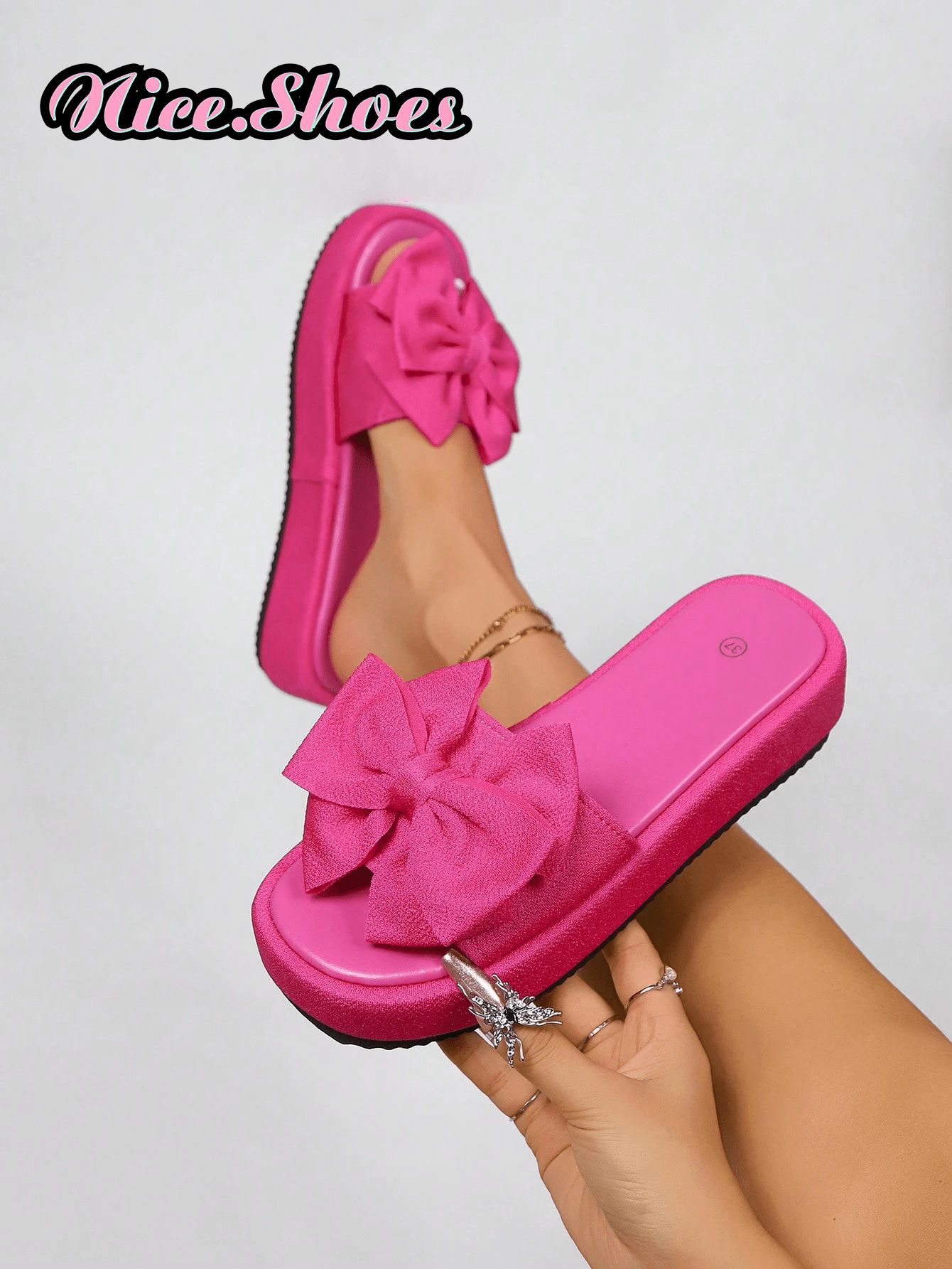 女士新款优雅蝴蝶结厚底厚底一脚蹬凉鞋，甜美蝴蝶结露趾防水高跟凉鞋，玫瑰红，黑色