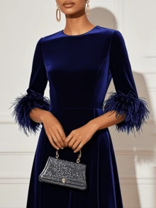 Magic Mia Women's Elegant Navy Blue Velvet Midi Dress - Long Slevees Feather Cuff Midi With A-Line Flared Skirt | Elegant Gown For Wedding Guest, Formal Parties & Special Occasions &Holidays - 藍色 - 查看 3