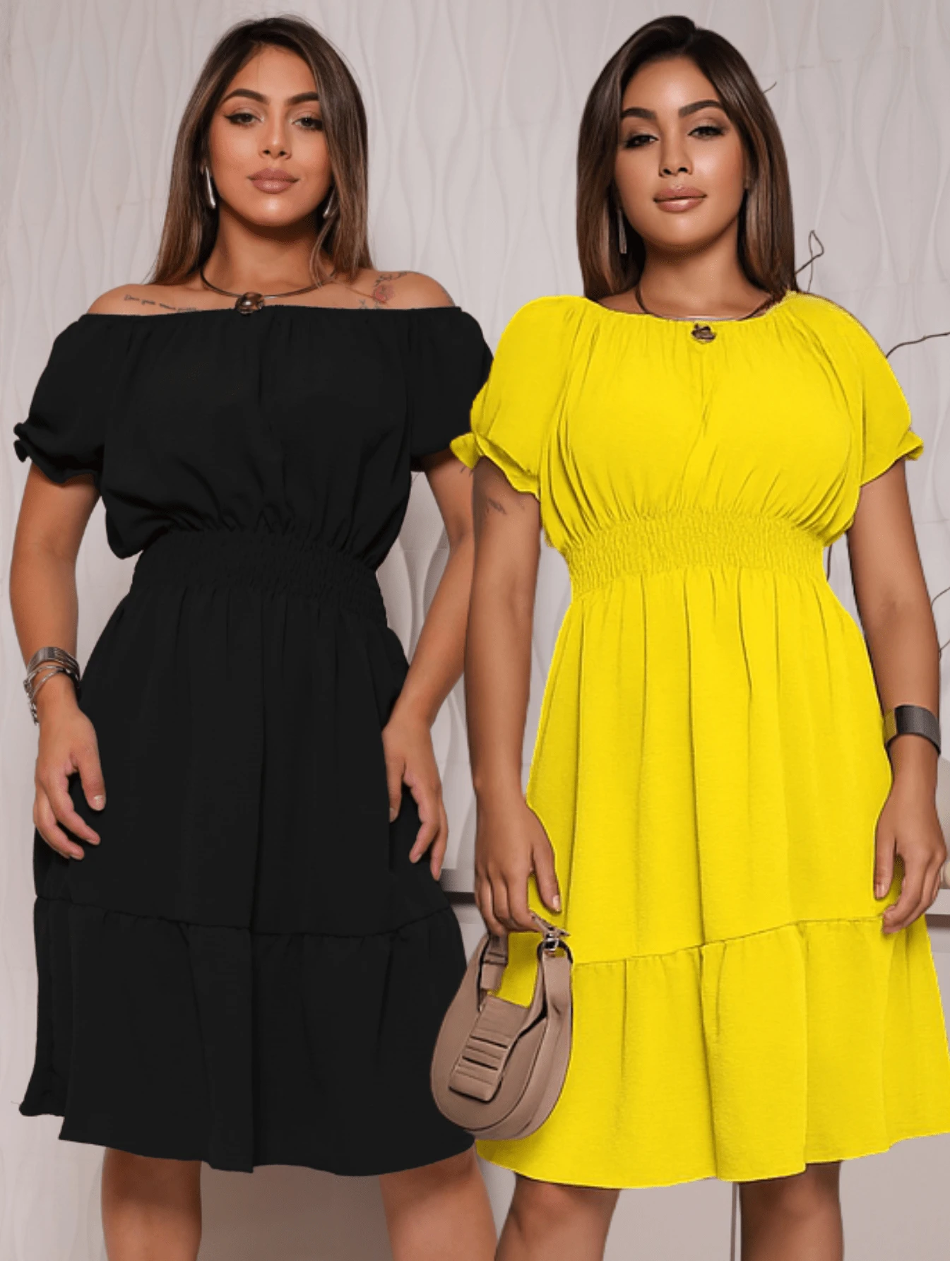 Kit Of 2 Women's Dresses Casual Vibrant Colors Ruffle Short Sleeves Elegant - 黑色 - 查看 1