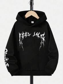 Youth Autumn/Winter Black Fashionable Versatile Bear Print Warm Sweatshirt, Fleece, Hooded, Teen Boys Gifts - Black - View 14