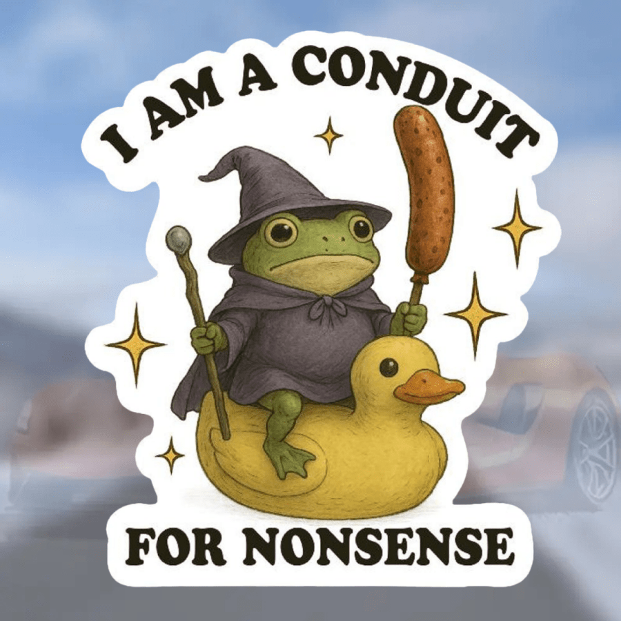 1PC 3-Inch "I Am A Conduit For Nonsense" Funny Frog Sticker, Wizard Frog Riding Duck Decal, Waterproof Vinyl For Laptop, Water Bottle, Journal, Whimsical Weirdcore & Goblincore Aesthetic, Silly Gift For Teens & Adults, Halloween Decor