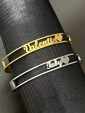 1pc Girl's Letter Heart Custom Stainless Steel Open Bracelet Classic Fashion Daily Gift For Mother's Day And Valentine's Day