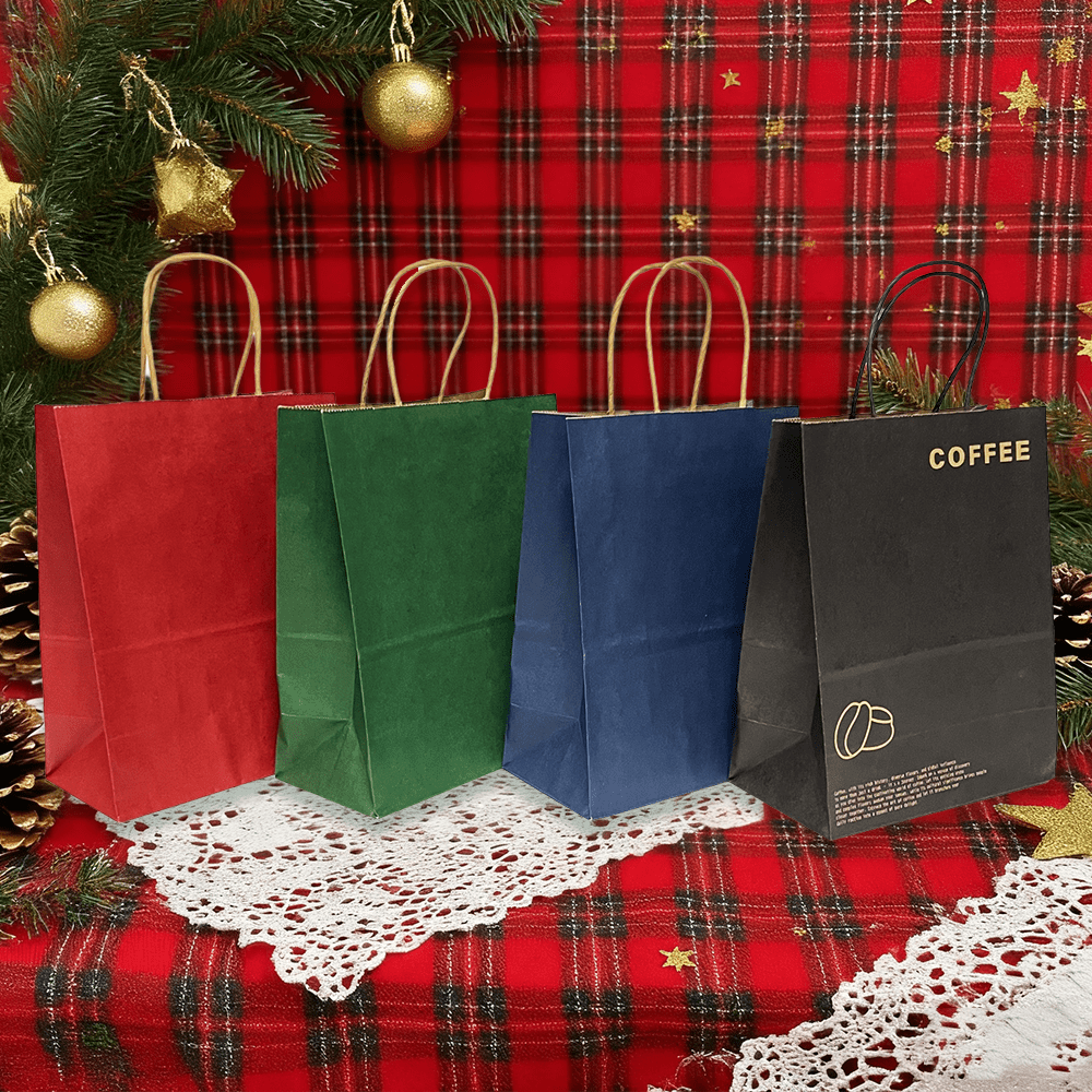 5pcs Christmas Red, Green, Blue, Brown Paper Bags, Coffee Paper Bags, Candy Packaging Gift Bags, Single Cup, Double Cup Beverage Takeout Bags, Suitable For Wedding, Party, Baking, Cake, Snack, Candy