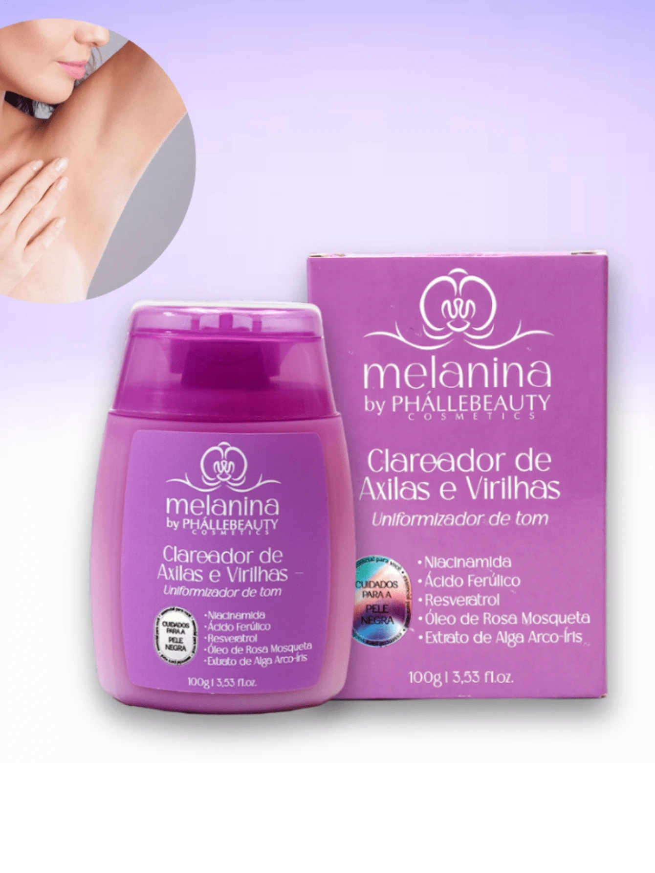 Clareador de axilas e virilhas Phallebeauty, uniformiza, ilumina, hidrata e preveni escurecimento - Roxo - Visão 1