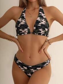 两件套女士迷彩印花比基尼套装，可爱系带泳衣，沙滩装，适合夏季、海滩、度假及所有季节
