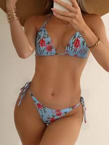 2pcs Women Floral Print Backless Bikini Swimsuit Set, Cute Tie Front Beach Outfit, Suitable For Summer, Beach, Vacation, All Season - Blue - View 1