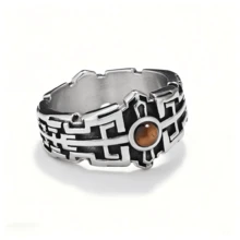 1 pezzo Anello unisex semplice e classico in acciaio inossidabile con gemma naturale occhio di tigre, lucidato a specchio, adatto per feste e uso quotidiano