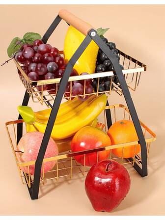 A Multi-Layer Fruit Basket With A Detachable Metal Multifunctional Wooden Handle, Suitable For Hand-Carrying On The Desktop And Kitchen Storage Shelves.Iron Art Collapsible Double-Layer Basket For Home Kitchen Fruit And Vegetable Storage Basket Organizer Nordic Double-Layer Basket Handbag Iron Art Fruit Basket Living Room Use Home Kitchen Vegetable Storage Basket Storage Rack