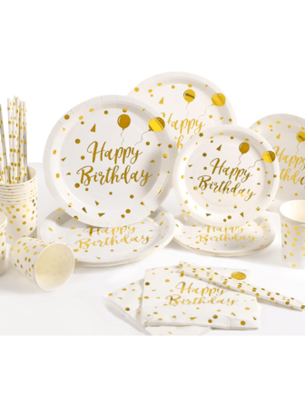 50-Piece / 80-Piece White And Gold Birthday Party Supplies Disposable Birthday Happy Tableware Set, Golden Birthday Paper Plate, Napkins, Birthday Party Table Decoration Tableware. The Best Choice For Birthday And Festival Parties