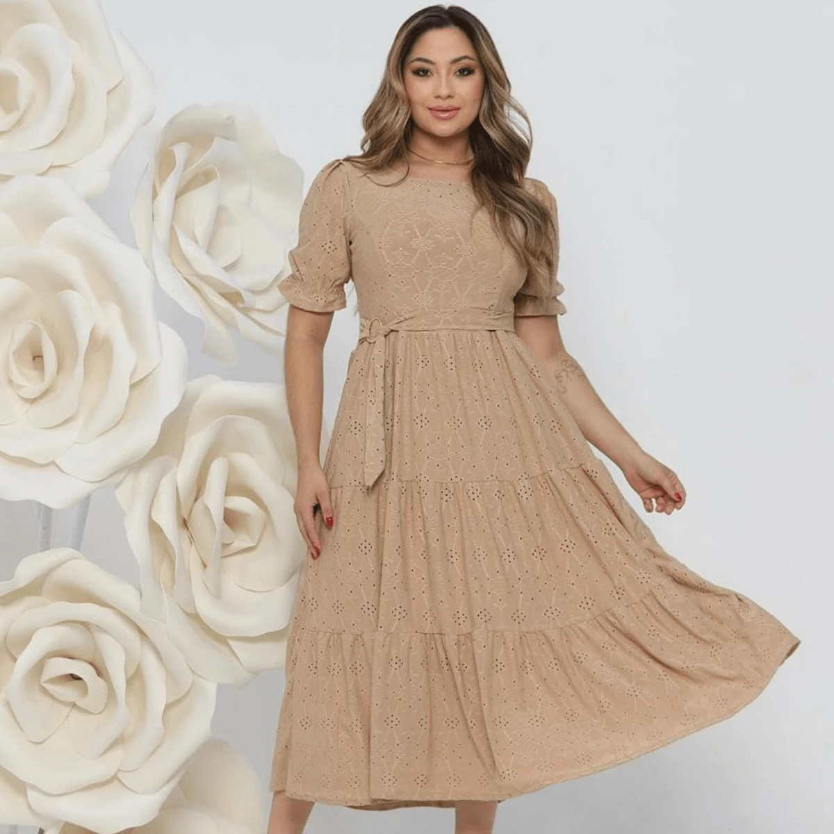 Women's Midi Dress Três Marias Laise Mesh Wedding Evening Formal And Night Elegant And Casual - Light Beige - Xem 1