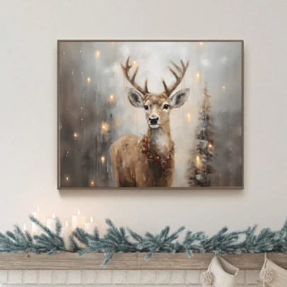 1 Warm Winter Reindeer Print, Rustic Christmas Deer Wall Art, Vintage Christmas Wall Decor, Christmas Ornaments, Christmas Hanging Decor, Canvas Wall Art, Christmas Decorations, Christmas-Themed Wall Art, Bedroom Decor, Living Room Decor, Room Decor, Home Decor - Canvas (Optional Frame)
