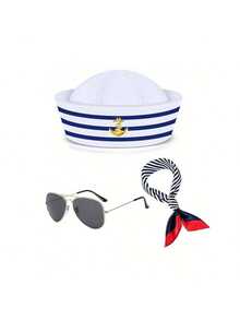 Conjunto de disfraz, conjunto de sombreros, combinación de sombreros, atuendo de cosplay, gorra de marina, gorra blanca, gorra militar retro de tapa plana, gorra de marinero capitán de marina, a rayas azul y blanco, gorra de capitán, gorra de marinero, bufanda, gafas, guantes, conjunto, tapa redonda, atuendo de yate, fiesta, Halloween, Día de San Valentín, regalo, verano, atuendo de fiesta, versátil, atuendo sexy, suministros de fiesta, accesorios de disfraz