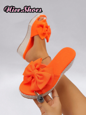 女士新款编织双带蝴蝶结装饰坡跟高跟凉鞋，甜美露趾蝴蝶结厚底厚底帆布坡跟一脚蹬凉鞋，纯色红色、黑色、白色