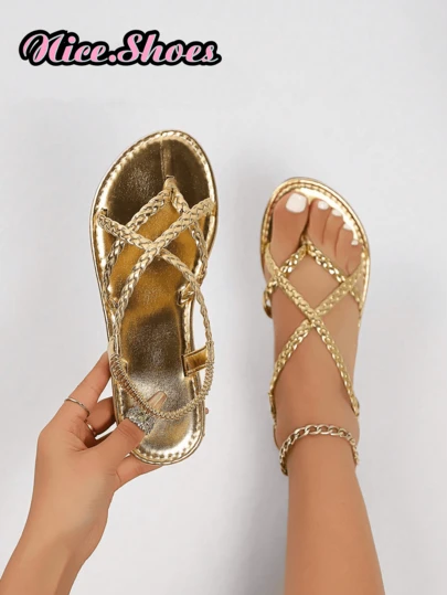 女士编织平底凉鞋拖鞋，黑色/棕色/白色，丁字裤，纯色，防滑，适合室内外穿着，时尚休闲日常，沙滩装，波西米亚风格交叉带平底凉鞋，舒适轻盈镂空露趾平底靴，高帮罗马凉鞋，金色/黑色平底凉鞋，沙滩鞋