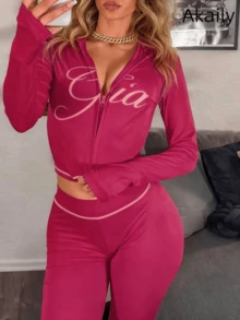 Akaily Fall Street Lounge Sets For Women Graphic Print Zip Up Hoodie Pants Outfits Workout Long Sleeve Rave Two Pieces Set Women - Màu Hồng Tươi - Xem 2