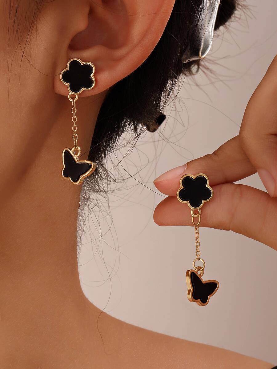 1 对时尚三叶草花朵和几何蝴蝶设计耳环，百搭时尚，适合女性日常佩戴 - 黑色 - 查看 1