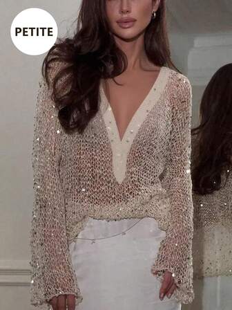 Yuwenier 小巧性感低胸镂空透视亮片钩针罩衫蝙蝠袖长袖宽松上衣女士节日派对服装