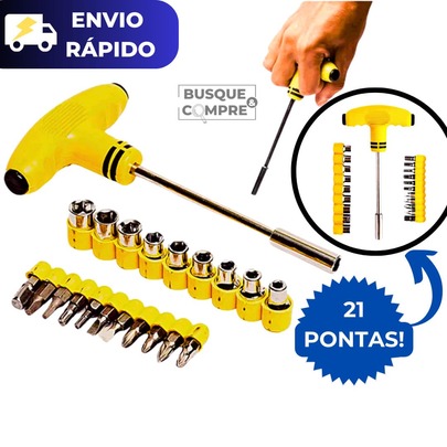 Chave Tipo T de 21 Pontas para Encaixar Soquete Phillips Fenda Peças Intercambiaveis Jogo Chaves