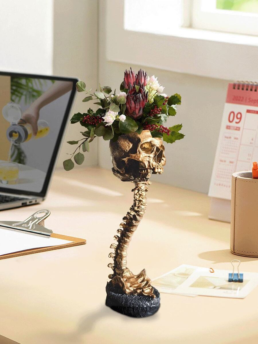1pc Skull Planter And Spine Stand, Skull Planter With Spine, Resin Human Skeleton Planter, Halloween Statue Decoration, Succulent Skull Planter, Gothic Halloween Home Decor Room Decor Flower Vase Glass Vase - Multicolor - View 1