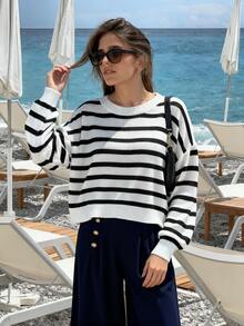 Black & White Striped Minimalist Loose Knit Sweater, Women's Casual Crew Neck Pullover, Basic Style For Spring - Black and White - View 9