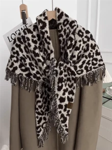 1pc Fashionable Leopard Print Fringe Scarf, Versatile High-End Winter Shawl