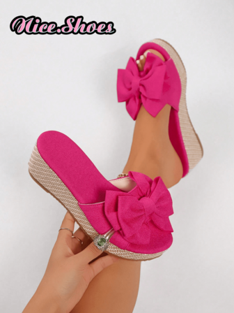 Women New Woven Butterfly Decor Platform High Heel Sandals, Sweet Open Toe Bowknot Ankle Strap Espadrille Wedge Heels, Waterproof Thick Sole Chunky High Heels, Available In Rose Red, Black And White