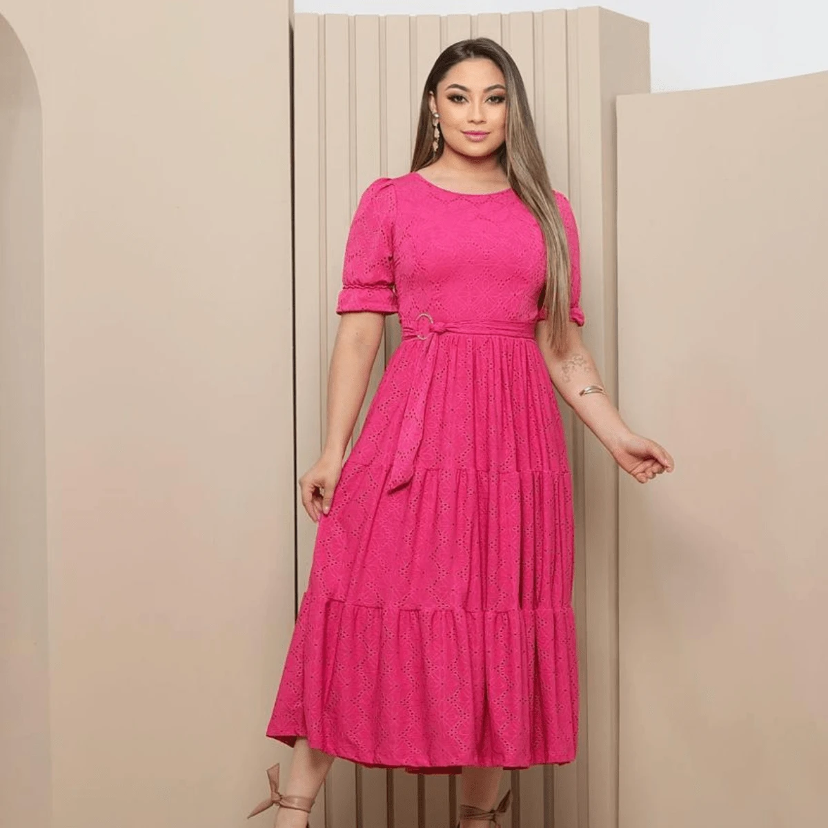 Women's Midi Dress Três Marias Laise Mesh Wedding Evening Formal And Night Elegant And Casual - 玫紅色 - 查看 1
