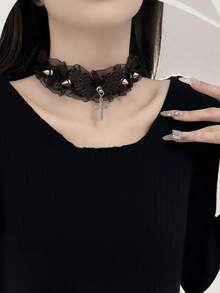 1PC Sexy Black White Lace Lolita Collar Gothic Crystal Cross Pendant Angel Wings Rivet Choker Necklace For Women Punk Party Jewelry